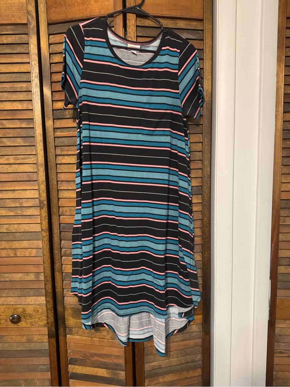 LuLaRoe Short Sleeve High-Low Stripe Dress in Black, Teal & Pink
